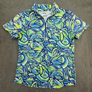IBKÜL Polo Top Women L Blue Green Abstract Paisley Print Quarter Zip Short Slve